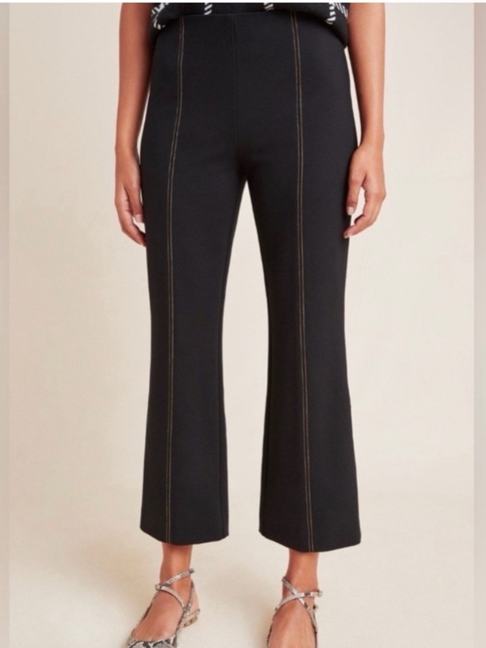 Anthropologie Black Cropped Flare Pants with Contrast Topstitch